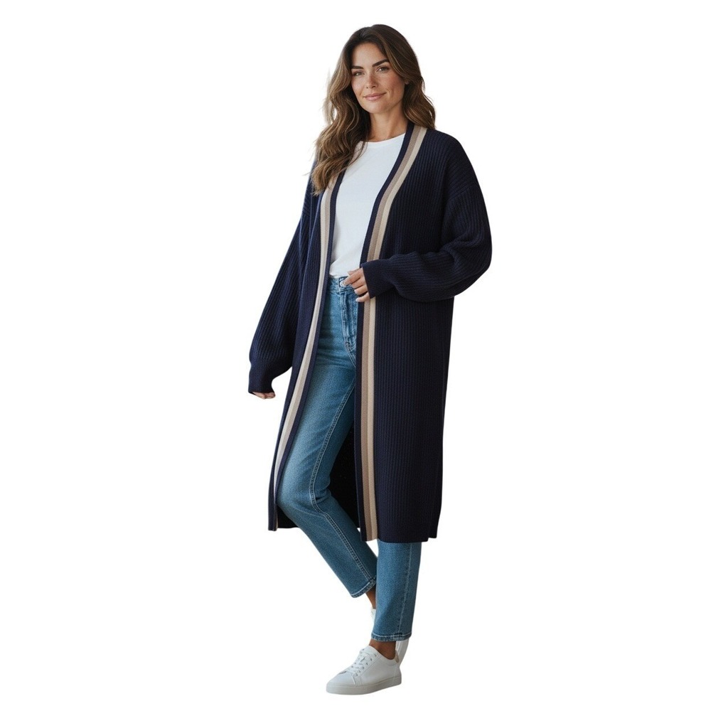 Coastal Grandma Navy Striped Ribbed Tie Waist Long Cardigan William B